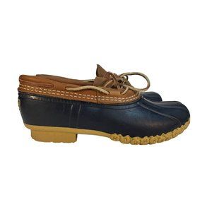 LL Bean Duck Boots Low Rubber Moc Navy Tan Leather Tie Shoes Womens Sz 9 M